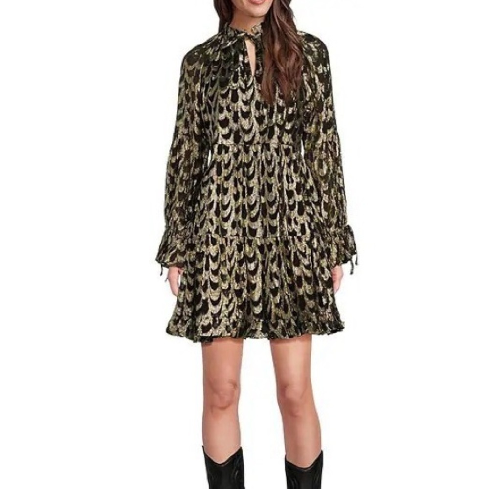 Gibson Latimer Black and Gold Patterned Dress M